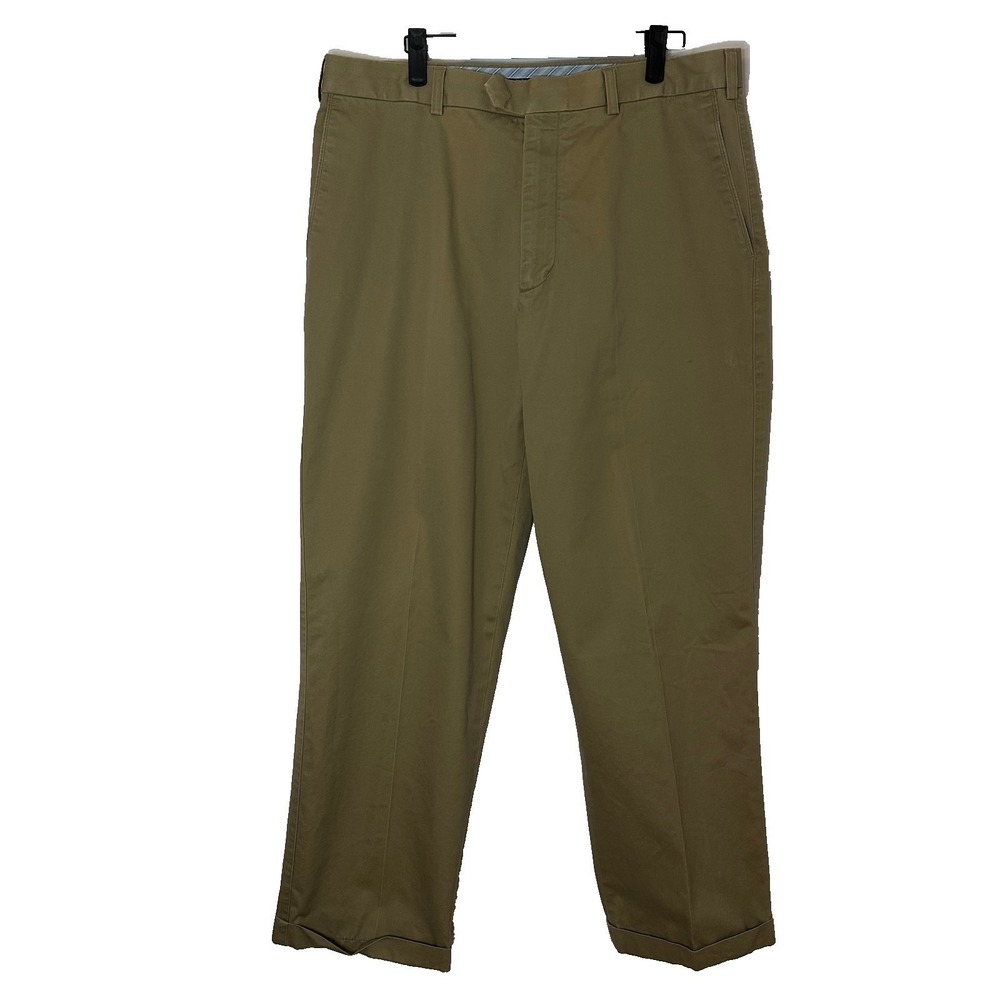 IZOD Mens Khaki Chino Pants 36x32 Tan Cotton Cuffed Straight Leg Casual Trousers